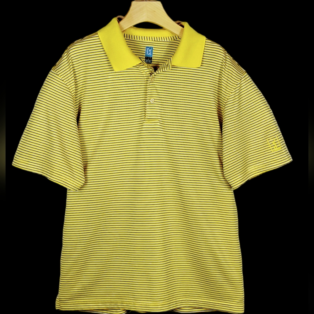 PGA Tour Men’s Yellow Stripe Golf Polo Shirt Size L | 100% Polyester